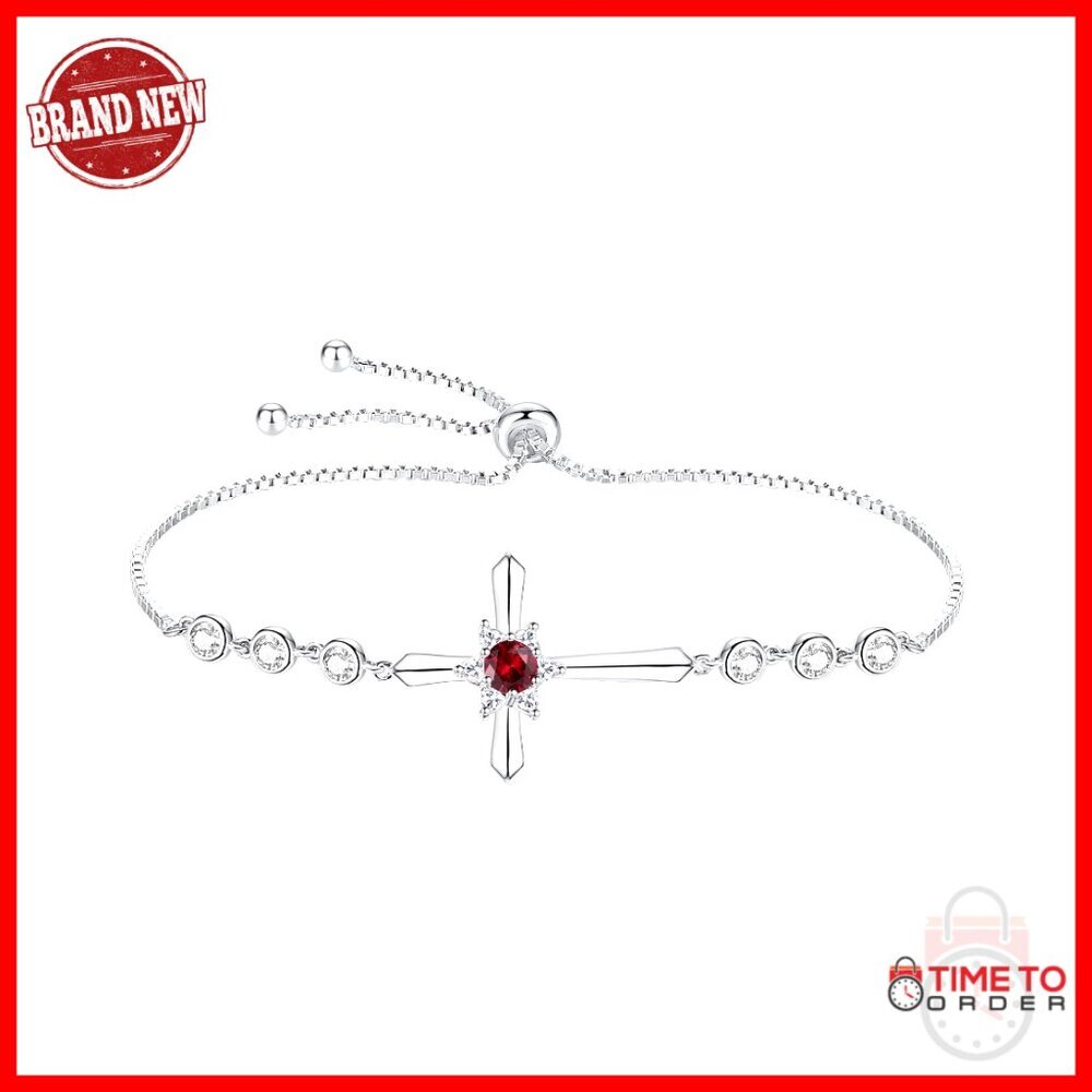 Sterling Silver Cross Bracelet with Garnet Birthstone, Adjustable Chain
